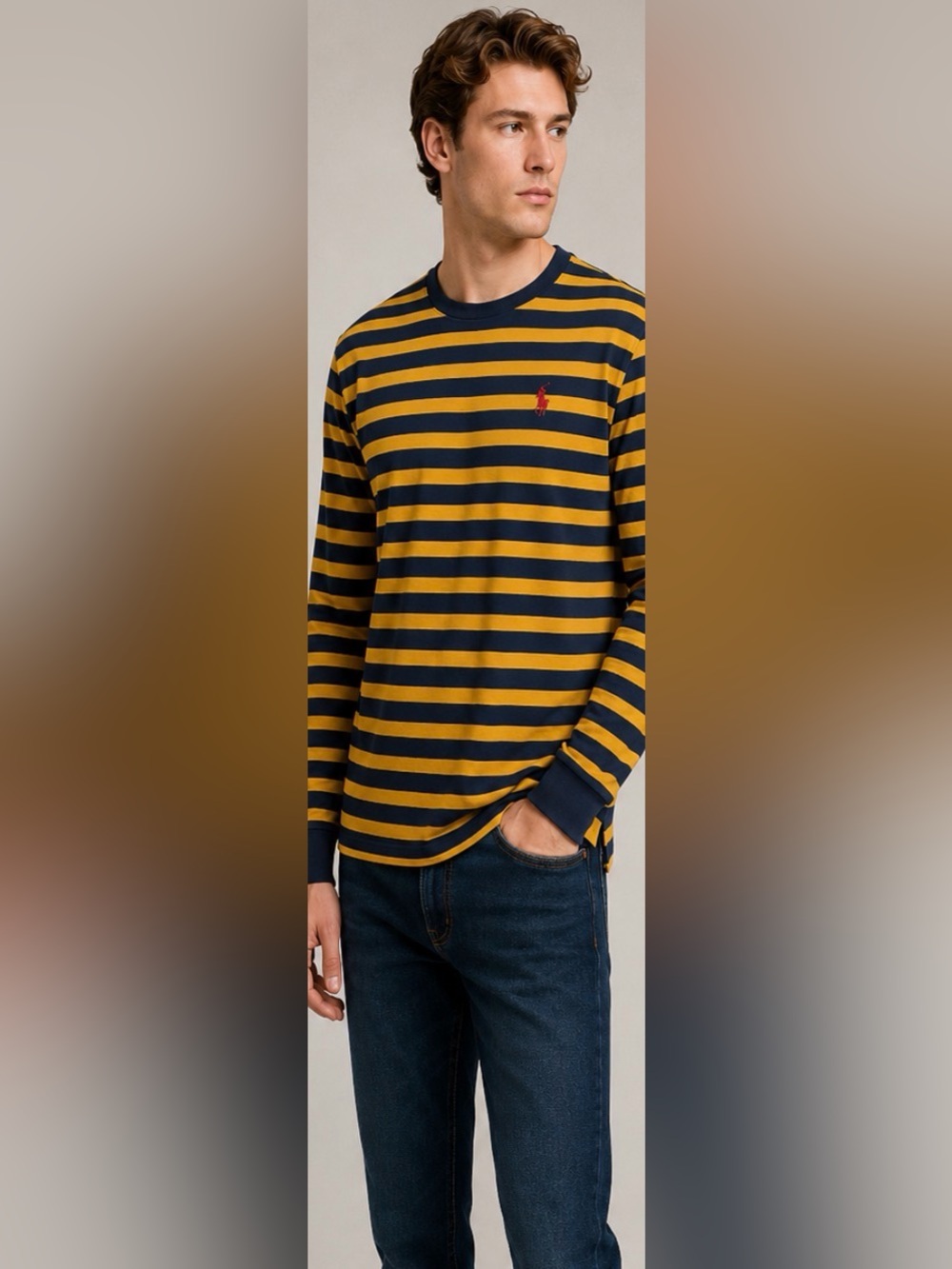 U.S. Polo Assn. Navy Yellow Striped Long Sleeve Shirt XL Y2K Preppy